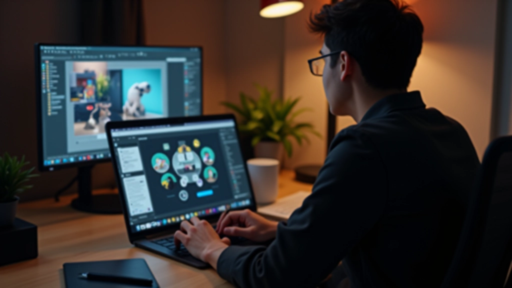 Designer at workspace with laptop showing interaction design mockups and micro-interaction animations