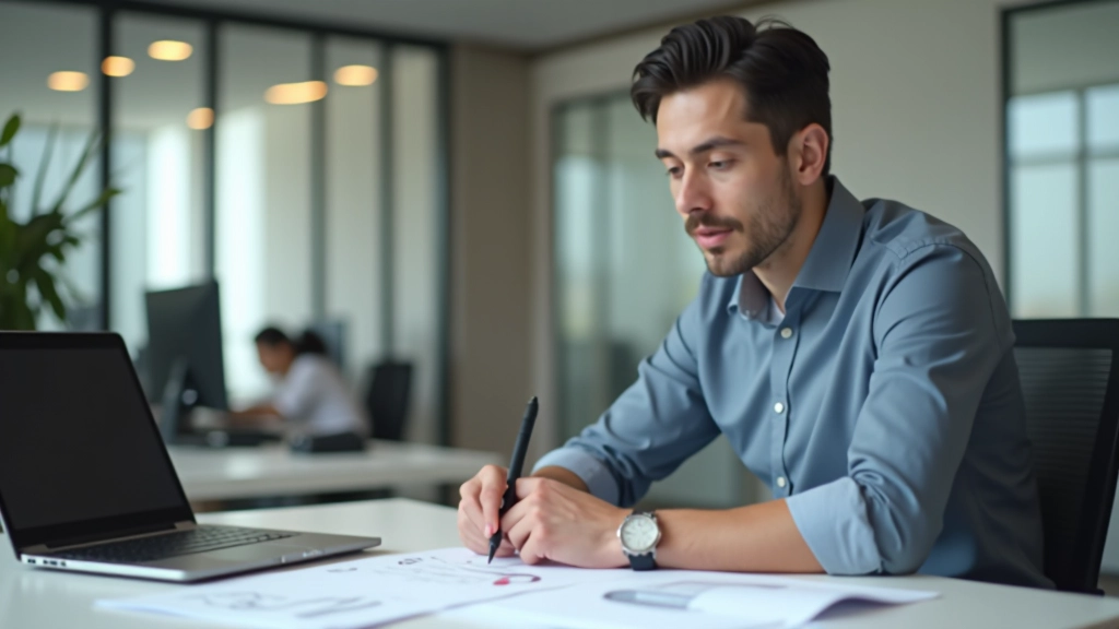Designer working on UX research documentation with research notes and wireframes on desk