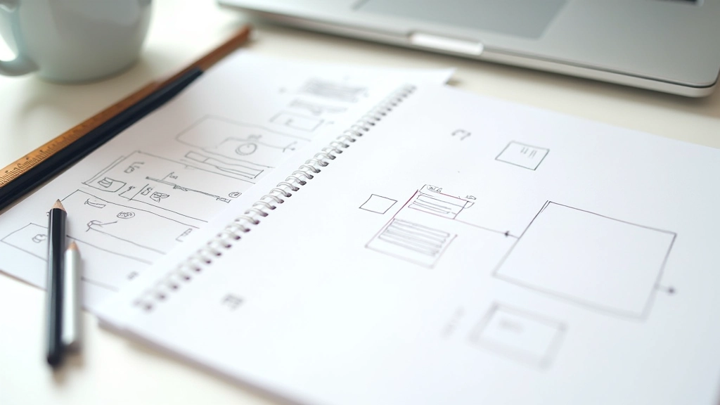Variety of wireframing tools displayed on desk including sketching materials and design software on laptop screen