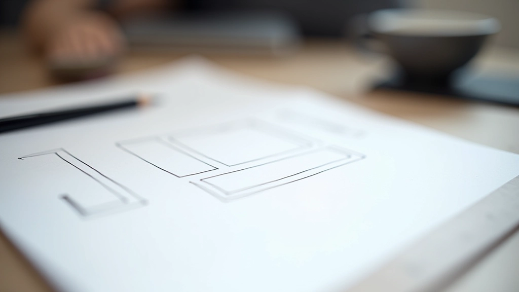 Minimalist wireframe sketches on paper showing basic layouts and navigation paths