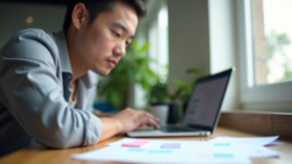 Person at desk with research notes, sticky notes, and a laptop showing user research findings and analysis