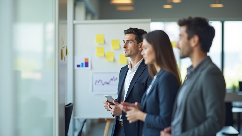 Team reviewing usability test findings with notes and analytics dashboard displayed on whiteboard wall