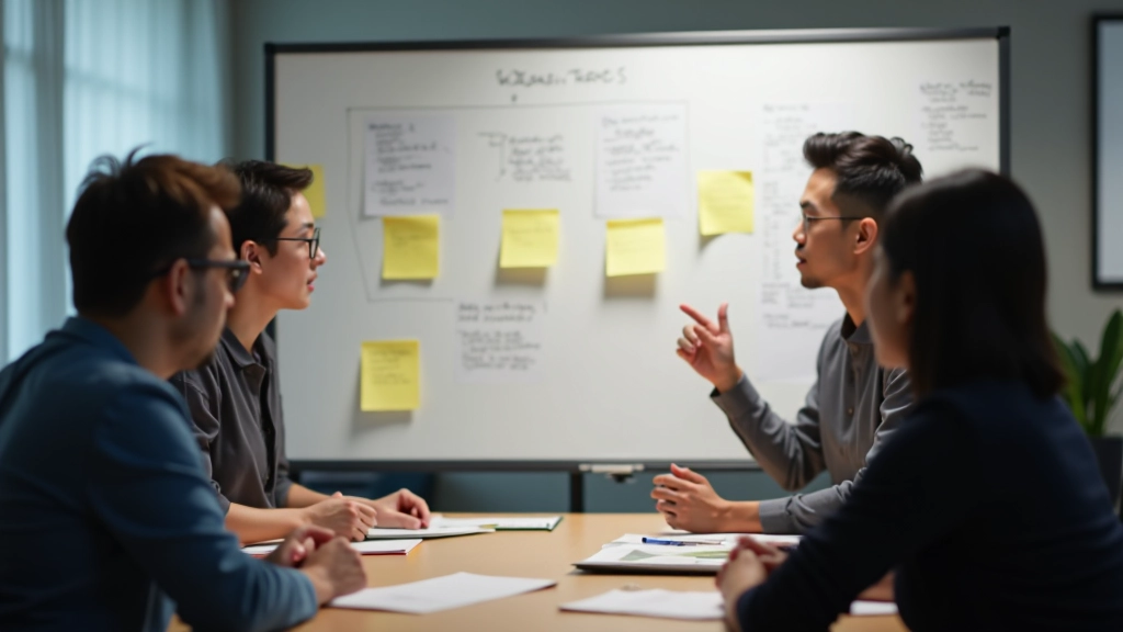 Group of people in workshop setting discussing research findings on whiteboard with sticky notes
