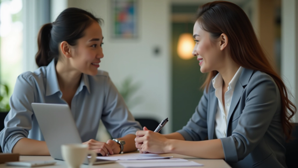 Two people having a focused conversation in a casual office setting, one taking notes while the other shares insights and feedback