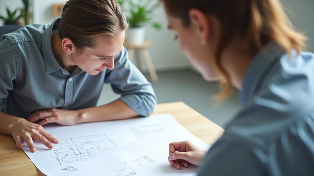 Designer reviewing wireframes with team member, pointing at sketches and discussing layout improvements